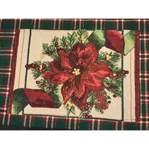Christmas tapestry Linens 4 Placematt  1 Runner 1 tablecloth poinsettia plaid - Picture 5 of 16